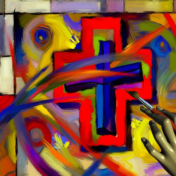 Kleurrijk abstract kruis in expressieve stijl van Karel Appel, met een hand die naar een locatie op een kaart wijst
