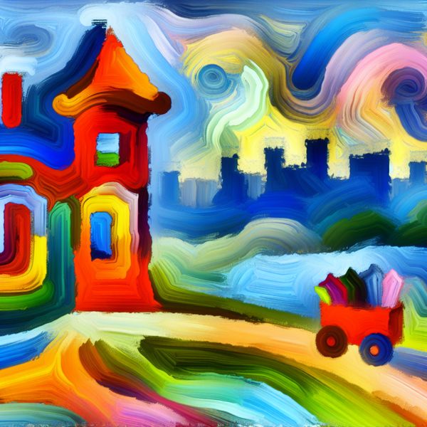 Abstract landschap met afstand: kleurrijke weergave van een huis en skyline Kleurrijk abstract landschap met een huis en een verre stads skyline, dat afstand uitdrukt.
