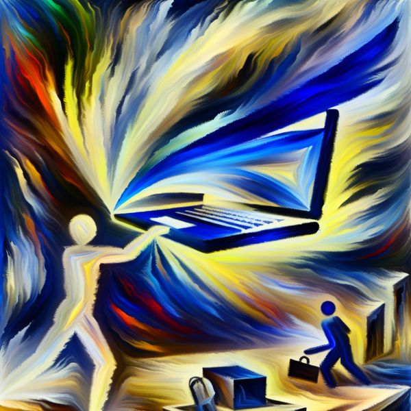 Abstract schilderij van een persoon die enthousiast een laptop koopt met dynamische penseelstreken en levendige kleuren.