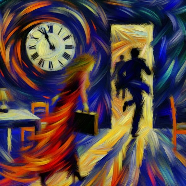 Abstracte voorstelling van 'later' in tijd met dynamische penseelstreken en emotionele diepgang Abstract expressionistisch schilderij dat het concept 'later in de tijd' uitbeeldt met twee verbonden momenten: een persoon die een lege vergaderruimte verlaat en een man die gehaast binnenkomt, geschilderd in dynamische penseelstreken