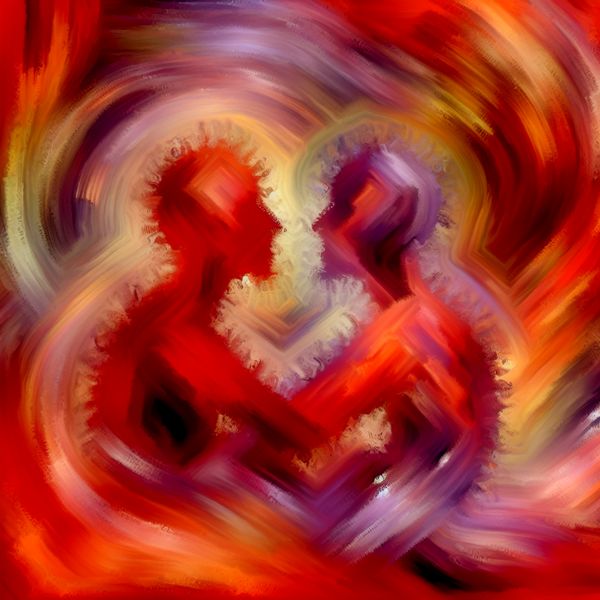 Abstracte liefdesrelatie schilderij in stijl van Willem de Kooning Abstract expressionistisch schilderij van twee verstrengelde figuren die een romantische relatie symboliseren, met warme kleuren en dynamische penseelstreken