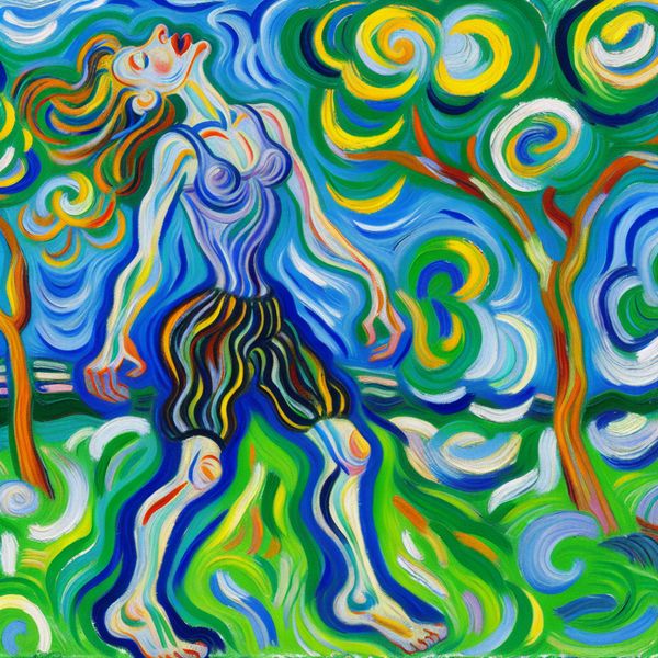 Ontspannen in de natuur: abstracte weergave van luchten en verfrissing Abstracte voorstelling van iemand die ontspant en verfrissing vindt in een park, met levendige kleuren en dynamische penseelstreken in de stijl van Karel Appel