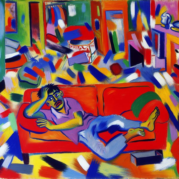 Lui persoon in abstracte kunst: leren wat 'lui' betekent in het Nederlands Abstracte kunst in stijl van Karel Appel met een lui persoon op een kleurrijke bank, uitdrukking van verveling en inactiviteit