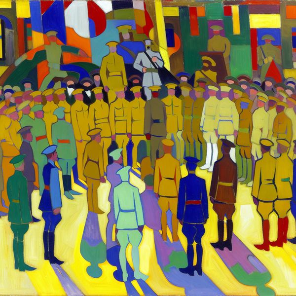 Militair appel in abstracte kunst: aanwezigheidscontrole op legerbasis Abstracte voorstelling van een militaire appel met soldaten in felle kleuren, één ontbrekende soldaat in een expressieve stijl van Karel Appel
