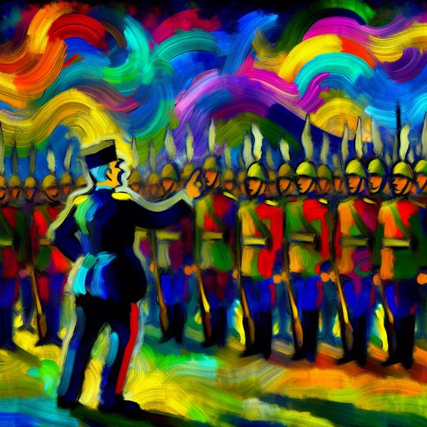 Kleurrijke abstracte militaire scène van een generaal Abstracte weergave van een generaal die bevel geeft aan diverse soldaten in een dynamische militaire scène.