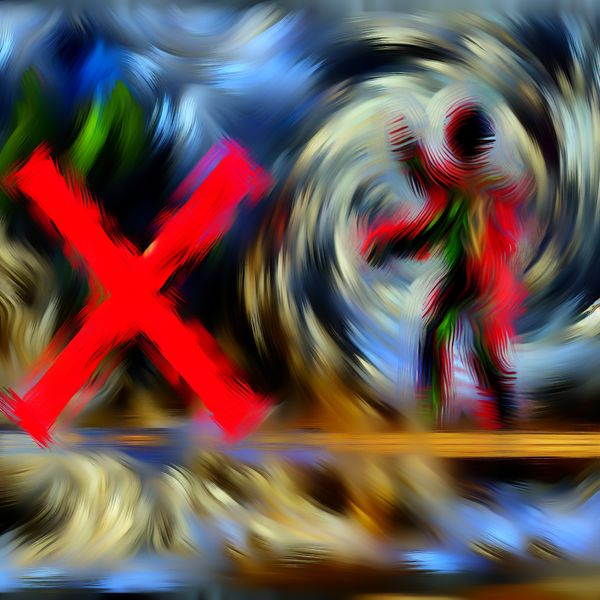 Abstracte voorstelling van mogelijkheid en verbod in taal leren Abstract expressionistisch schilderij met dynamische figuur en rode 'X' die verbod symboliseert, gerelateerd aan mogelijkheid en toestemming in taal