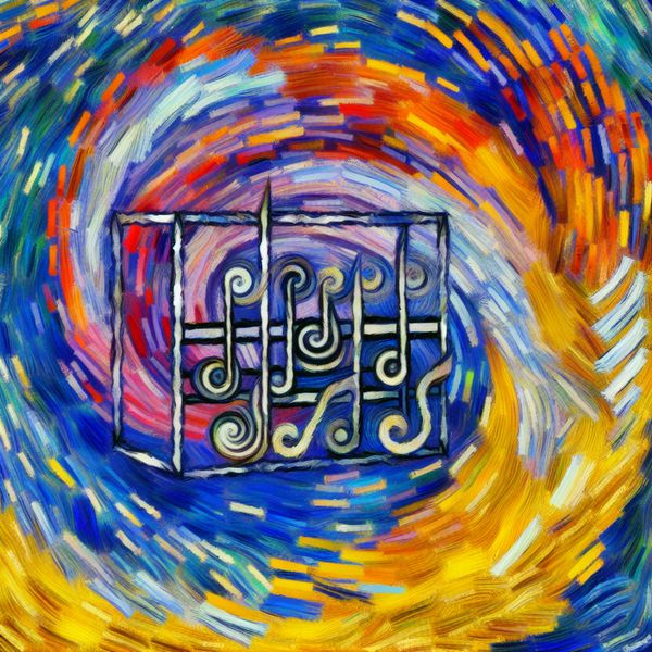 Vibrant abstract painting depicting musical notes and a bold refrain box, illustrating repetition in music.