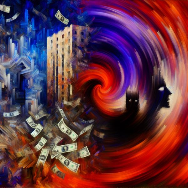 Abstracte voorstelling van nadeel: financieel en emotioneel verlies in expressionistische stijl Abstract expressionistisch schilderij van financieel en emotioneel verlies met chaotische penseelstreken en symboliek van waardeverlies