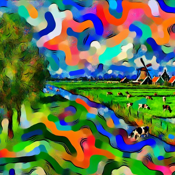 Abstract Polderlandschap in Karel Appel-Stijl Abstract polderlandschap in Karel Appel-stijl met grazende koeien en polderhuizen.