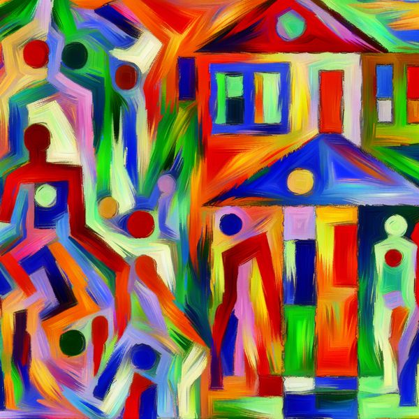 Abstracte Weergave van een Normaal Leven in de Stijl van Willem de Kooning Abstracte voorstelling van een 'normaal' leven, geïnspireerd door Willem de Kooning, met een huis en spelende kinderen.