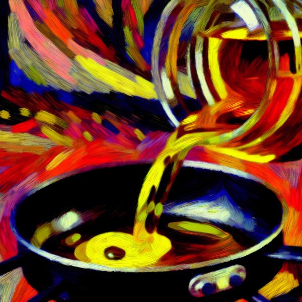 Abstract expressionistisch schilderij van een frituurpan met glanzende gouden olie die uit een glazen fles wordt gegoten, met levendige kleuren en dynamische penseelstreken