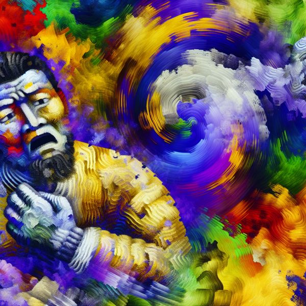 Abstracte weergave van ongemak en pijn Abstracte weergave van ongemak met een vervormd figuur die zijn schouder vasthoudt, omringd door chaotische kleuren en agressieve penseelstreken.
