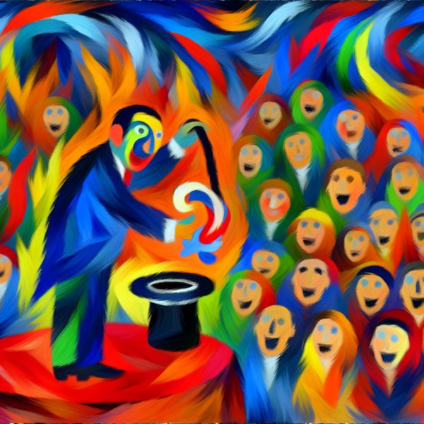 Live optreden goochelaar met publiek - abstracte kunst voor taalonderwijs Abstracte voorstelling van een goochelaar die een konijn uit een hoed tovert voor een enthousiast publiek tijdens een live optreden in felle kleuren