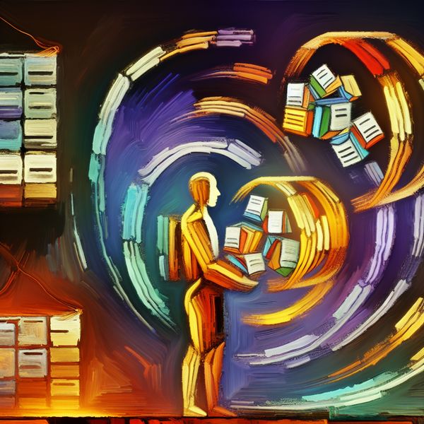 Abstract expressionistisch schilderij van een persoon die activiteiten plant en organiseert, omringd door zwevende agenda's, checklists en tijdlijnen in levendige kleuren