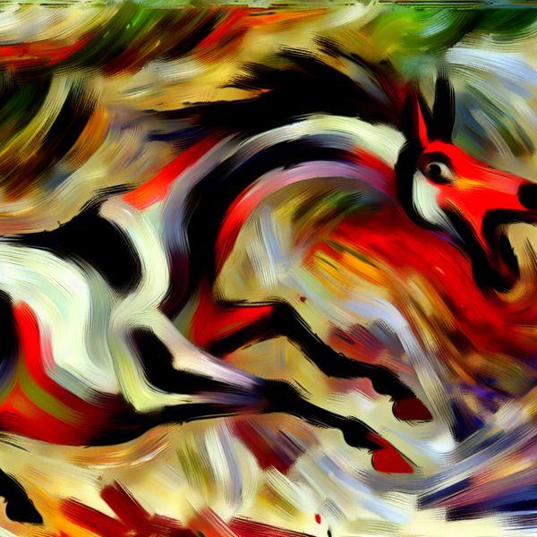 Abstracte paardenbeweging - halst met expressieve halsactie in de stijl van De Kooning Abstract expressionistisch schilderij van een paard dat krachtig zijn nek schudt om een vlieg te verjagen, met dynamische penseelstreken en levendige kleuren