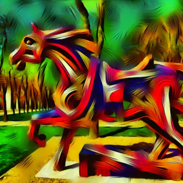 Abstract expressionistisch standbeeld van een paard in een park, geschilderd met levendige kleuren en dynamische penseelstreken in de stijl van Willem de Kooning