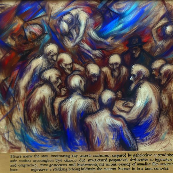 Abstract expressionistisch schilderij van chaotische figuren in gesprek, symboliserend 'veel gesproken wordt' in passieve zinnen