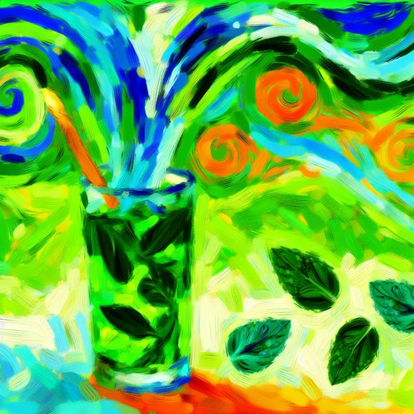 Abstract beeld van een glas verfrissende pepermuntthee omringd door abstracte muntbladeren in levendige kleuren.