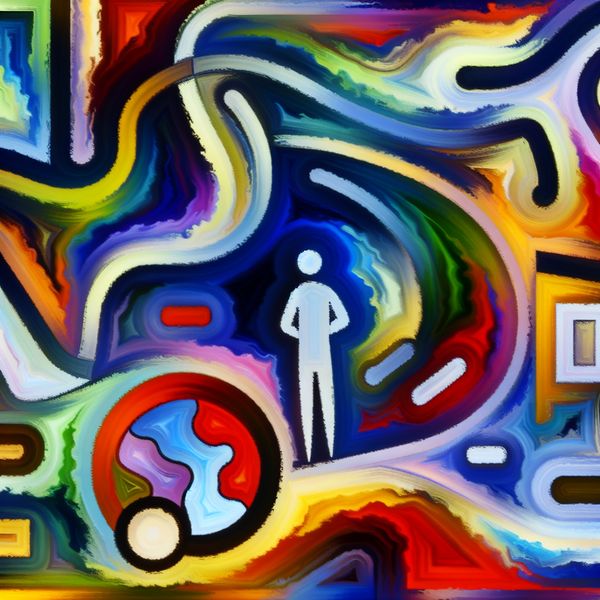 Persoon die een belangrijke beslissing maakt Abstracte afbeelding van een persoon die nadenkt over een belangrijke beslissing, omringd door levendige kleuren en vormen die gedachten en emoties symboliseren.