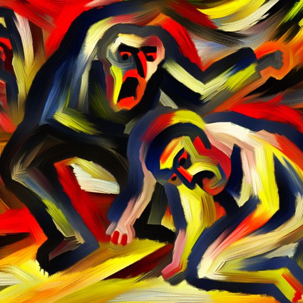 Abstract expressionistische voorstelling van pesten met een dominante en een kwetsbare figuur in chaotische, emotioneel geladen kleuren