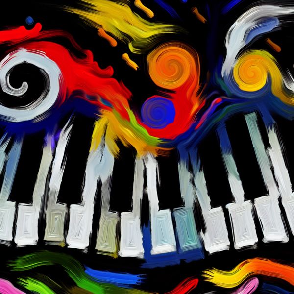Kleurrijk Abstract Pianotoetsenbord Abstracte uitdrukking van een piano toetsenbord met kleurrijke, vibrante toetsen in een chaotische, gesticuleerde stijl.