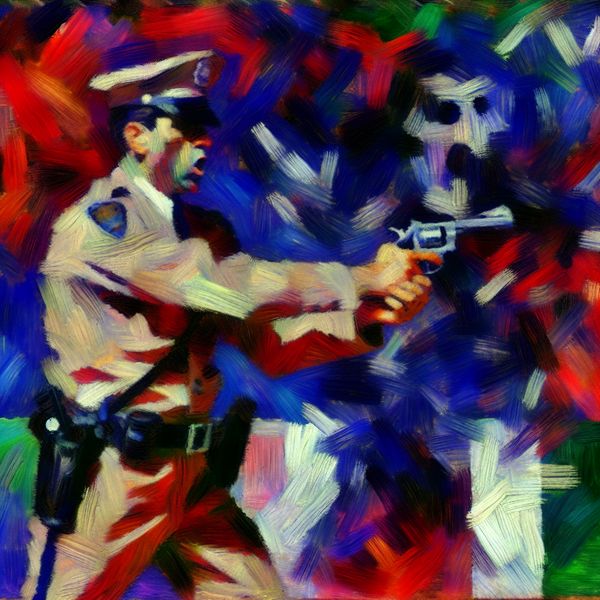 Abstract expressionistische voorstelling van een politieagent die een pistool trekt, met dynamische kleuren en penseelstreken die spanning en urgentie uitbeelden