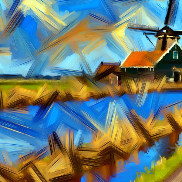 Abstract Polderdijk Landschap in Willem de Kooning Stijl Abstracte expressie van een Nederlandse polderlandschap met dijken
