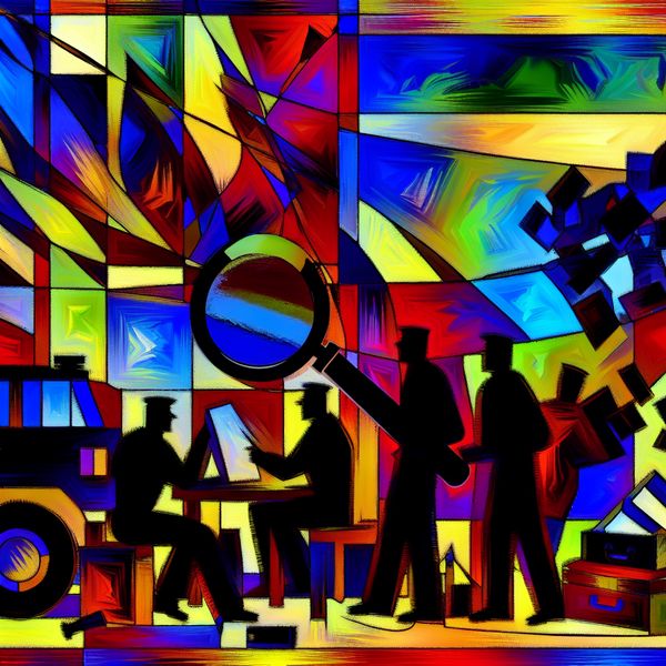 Abstract expressionistisch schilderij van een politieonderzoek met chaotische penseelstreken, een vergrootglas boven aanwijzingen en silhouetten van agenten in een dynamische scène