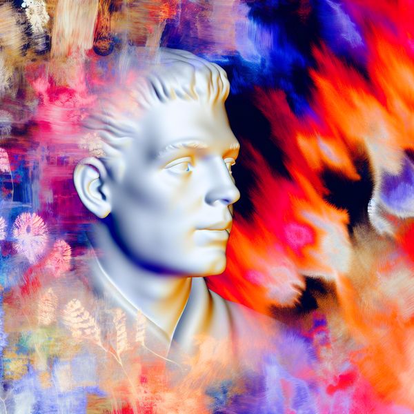 Blanke huid in abstract expressionisme: portret met lichte huidskleur en zonlichtgevoeligheid Abstract expressionistisch portret van een persoon met een zeer lichte, blanke huidskleur, omringd door dynamische, kleurrijke penseelstreken