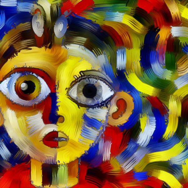 Scheelzien bij kinderen: abstract portret van oogafwijking in expressionistische stijl Abstract expressionistisch portret van een kind met scheelzien of oogafwijking, waarbij de ogen verschillende richtingen op kijken