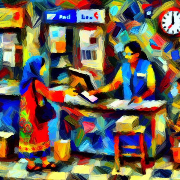 Abstracte voorstelling van een druk postloket met levendige kleuren en expressieve penseelstreken, waar een persoon een pakket afgeeft aan een postmedewerker