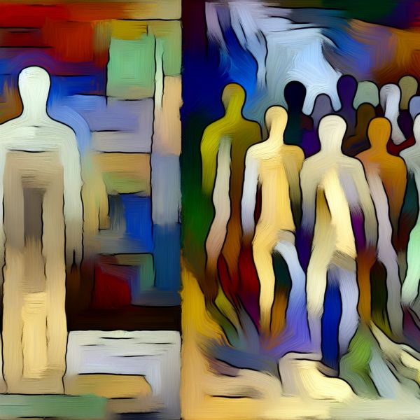Abstracte weergave van privilege en sociale ongelijkheid in de stijl van Willem de Kooning Abstract expressionistisch schilderij dat de tegenstelling tussen privilege en marginalisatie uitbeeldt, met een dominante figuur in lichte tinten en een groep dynamische, gefragmenteerde figuren in warme kleuren