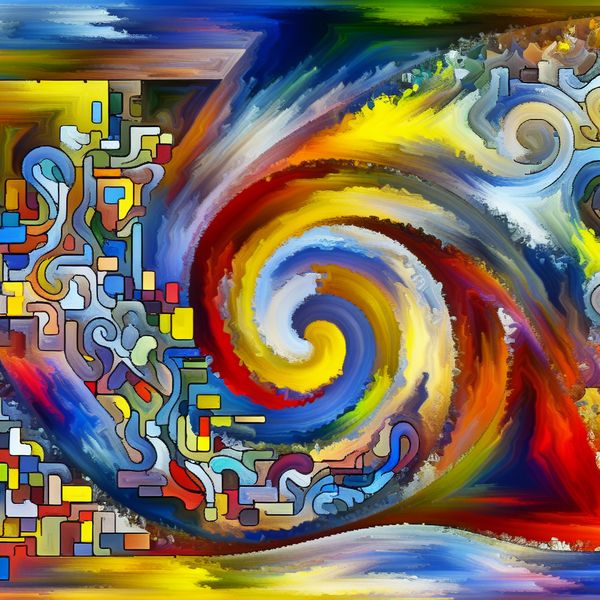 Abstracte weergave van projectcomplexiteit met levendige kleuren Abstract scene met levendige kleuren en dynamische vormen die de complexiteit van een project uitdrukken, met geometrische vormen die ideeën vertegenwoordigen.