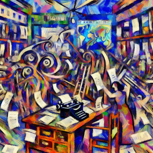 Abstract reisbureau kantoor: dynamisch en administratief werk in organisatie Abstract expressionistisch kantoorinterieur van een reisbureau met chaotische maar gestructureerde opstelling, bureau met papieren, computer en reisbrochures, dynamische figuren en wereldkaart op de achtergrond