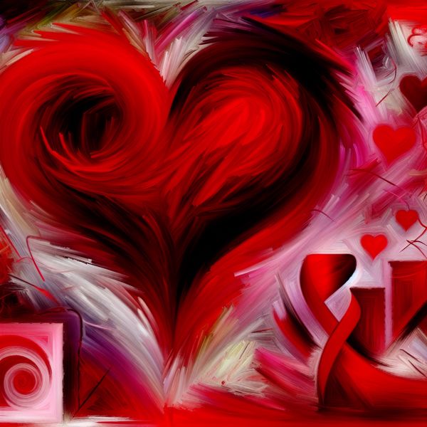 Abstract rood hart symbool van liefde - Valentijnsdag kunstwerk Abstract expressionistisch schilderij van een dynamisch rood hart als symbool van liefde, met expressieve penseelstreken en chaotische patronen voor Valentijnsdag