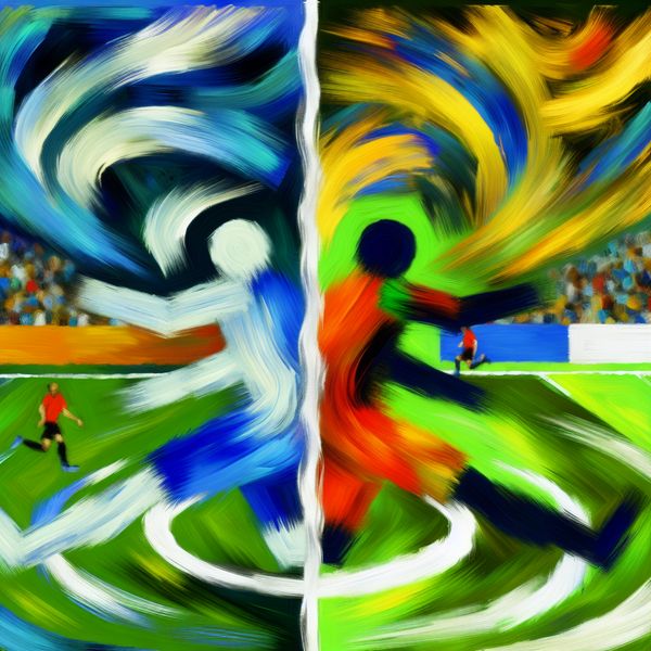Ruilen van plaats op voetbalveld - abstracte taalkunde illustratie Abstract expressionistische voorstelling van twee figuren die van plaats ruilen op een voetbalveld, met dynamische penseelstreken in blauw, wit, rood en geel