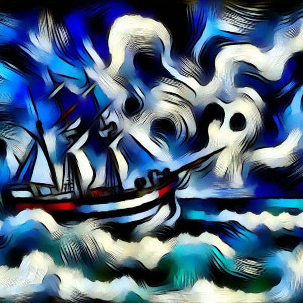 Abstract expressionistisch schilderij van een schip op woeste zee, symboliserend de scheepvaart als beroep