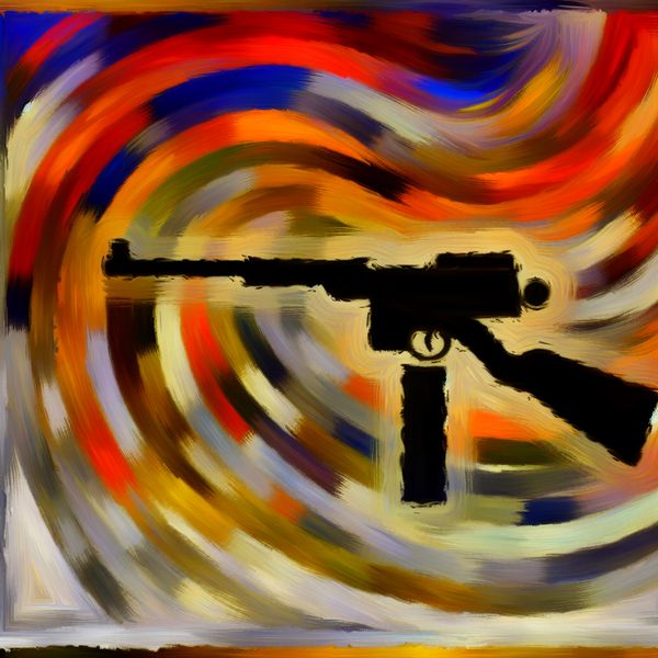 Symbolische weergave schietwapen in abstract expressionisme - macht en controle Abstract expressionistisch kunstwerk met symbolische weergave van een schietwapen, dynamische penseelstreken en felle kleuren voor figuurlijke betekenis van macht en controle