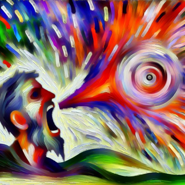 Abstract expressionist schilderij van een persoon die spreekt, met een overdreven open mond en felle kleuren die geluidsgolven en emoties uitdrukken.