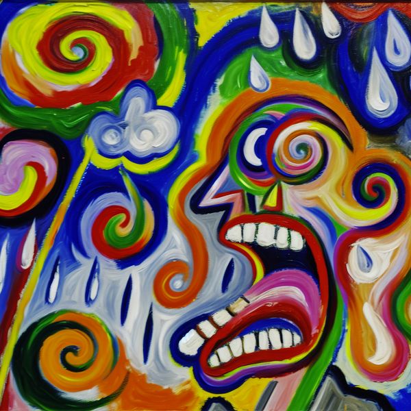 Abstract Schilderij van Klagen en Frustratie Abstract schilderij van een figuur met een overdreven frons die over het weer klaagt, omringd door chaotische patronen en felle kleuren, die frustratie symboliseren.