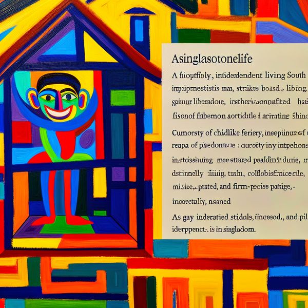 Abstract schilderij van een vrolijke vrijgezel in een kleurrijk huis Abstract schilderij van een blij jonge man in een grote, kleurrijke huis, die zijn vrijheid en individualiteit uitdrukt.
