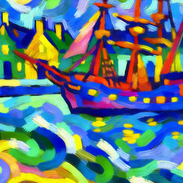 Schip dat langzaam vooruit beweegt in haven - abstracte kunst voor taalonderwijs Abstract schilderij van een schip dat voorzichtig een haven binnenvaart met dikke penseelstreken en felle kleuren in de stijl van Karel Appel