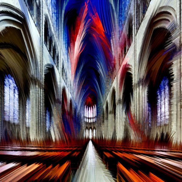 Schip van een kerk: abstracte kunst geïnspireerd op Willem de Kooning Abstract expressionistische interpretatie van het schip van een kathedraal met dynamische penseelstreken en levendige kleuren