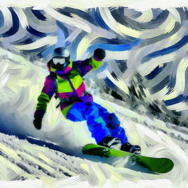 Abstract expressionistische voorstelling van een snowboarder die met hoge snelheid een besneeuwde helling afdaalt, met dynamische penseelstreken en felle kleuren
