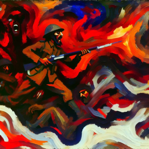 Abstract expressionistische weergave van een soldaat die vecht in een oorlog, met dynamische penseelstreken en felle kleuren die chaos en emotie uitbeelden