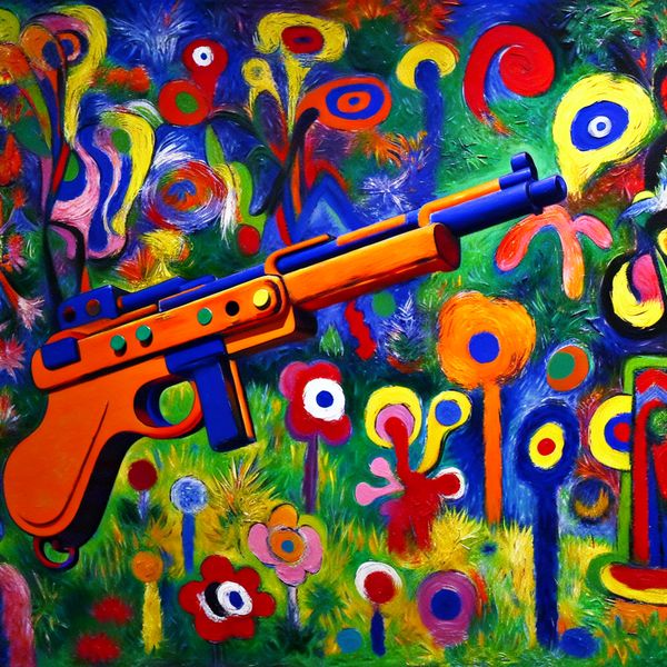 Speelgoedgeweer in abstracte kunststijl voor taal- en woordenschatleren Kleurrijk houten speelgoedgeweer in abstracte stijl van Karel Appel met vrolijke tuinscène op de achtergrond