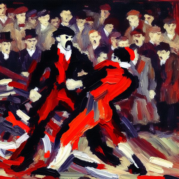 Abstract painting depicting a heated sports confrontation between two male figures, illustrating tension and aggression.