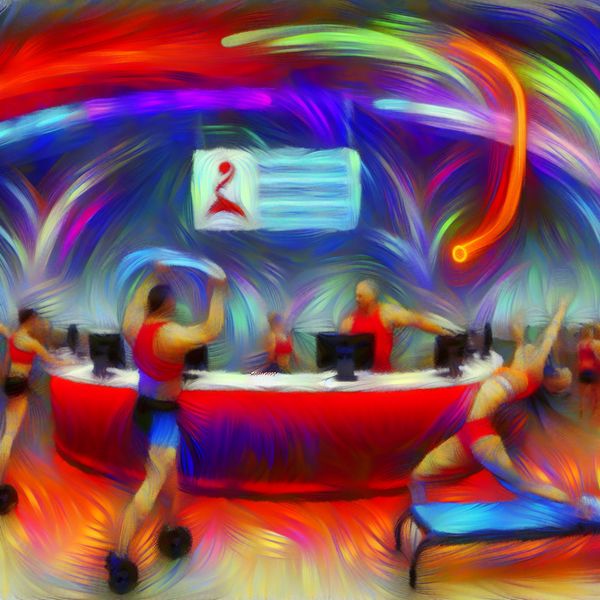 Sportschool abonnement: dynamische energie en lidmaatschap in abstracte stijl Abstract expressionistische weergave van een moderne sportschool met dynamische bewegingen, gewichtheffen en yoga, met nadruk op abonnementen en lidmaatschap