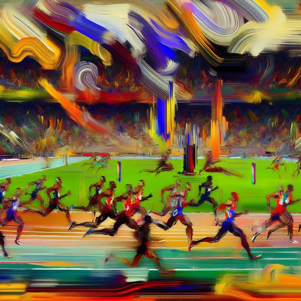 Abstracte sportwedstrijd schilderij: energie en competitie in atletiek Abstract expressionistisch schilderij van een chaotische sportwedstrijd met sprintende atleten en opgewonden toeschouwers in een stadion, geïnspireerd op Willem de Kooning