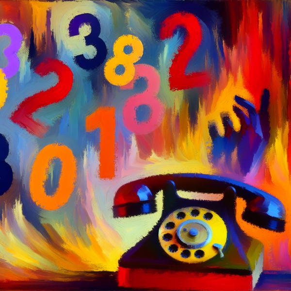 Abstract expressionistisch schilderij van een oude draaischijftelefoon met zwevende, felgekleurde cijfers (0-9) en een hand die reikt naar de hoorn, symboliserend telefoonnummers en contact maken